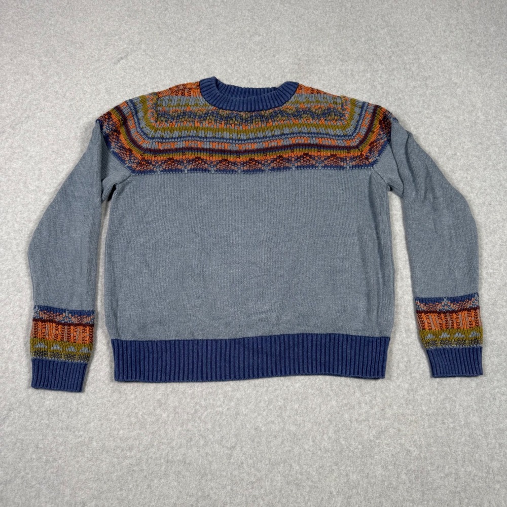 Aventura Women Blue Organic Cotton Fair Isle Yoke Pullover Cozy Sweater Large